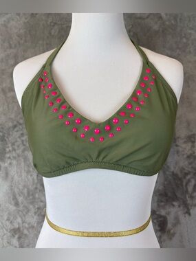 NWT Aerie Olive Green Halter Bikini Top w/Hot Pink Studs XL